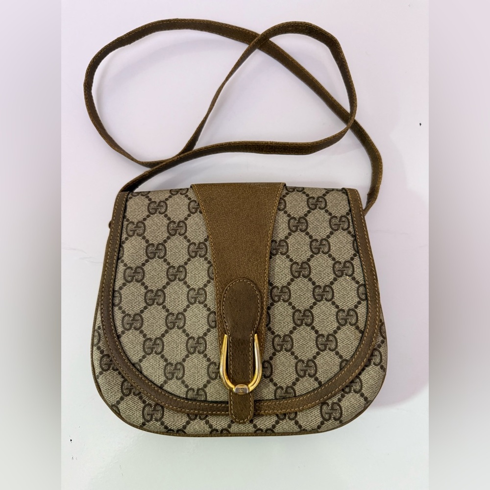 Gucci Brown Monogram Canvas Shoulder Bag with Gold Hardware